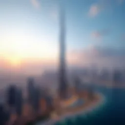 Panoramic view of Mihtab Tower against the Dubai skyline