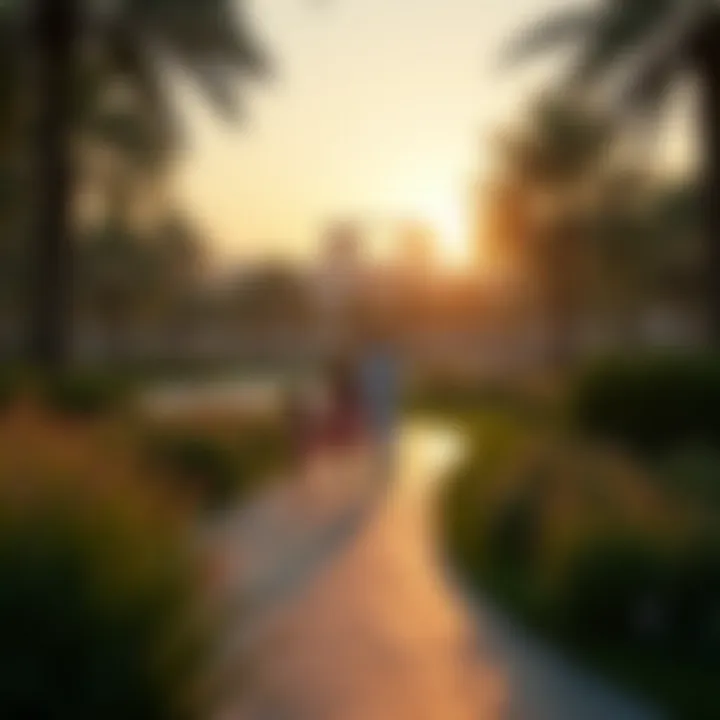 An evening scene in Al Safa Park featuring families enjoying the natural surroundings