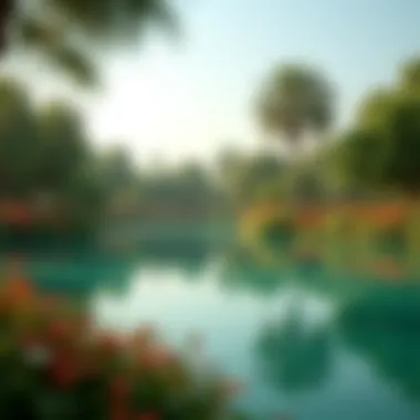 Serene Lake at Al Safa Park A serene lake surrounded by vibrant flora, illustrating the ecological significance of Al Safa Park