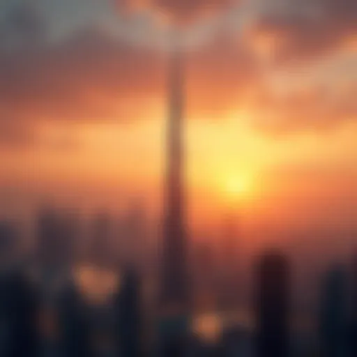 Skyline view of Burj Khalifa at sunset