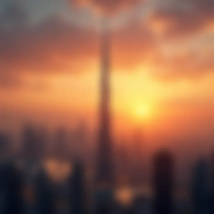 Skyline view of Burj Khalifa at sunset