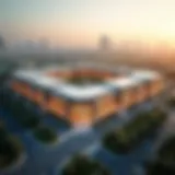 Aerial view of Dubai Outlet Mall showcasing its vast structure and surrounding landscape