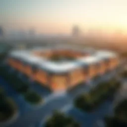 Aerial view of Dubai Outlet Mall showcasing its vast structure and surrounding landscape