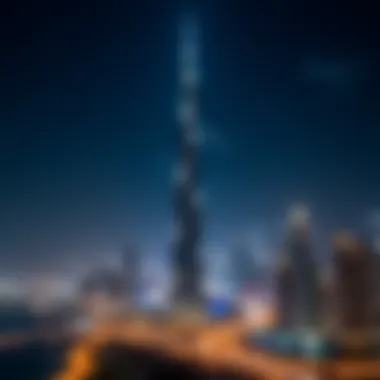 Burj Khalifa Nighttime Illumination Stunning nighttime view of Burj Khalifa illuminated against the Dubai skyline